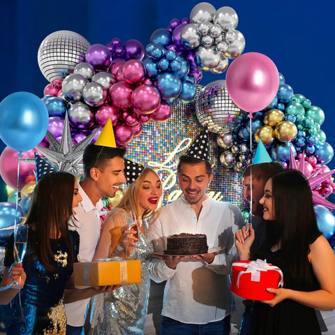 Party with friends in front of 135 Piece Disco Balloon Arch Kit With Silver Blue Green Purple Hot Pink And Gold Metallic Balloons And Star Foil Balloons For Birthday Parties And 70s 80s 90s Retro Disco Decor And Photo Backdrops.