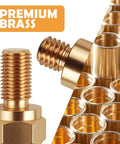 Heavy Duty 2 Pack Side Post Battery Terminal Extension Bolts With Nuts Featuring 3/8 Inch 16 Coarse And 3/8 Inch 24 Fine Threads showing premium brass construction.