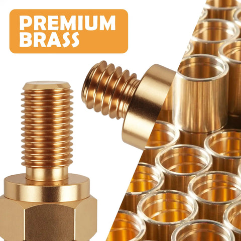 Heavy Duty 2 Pack Side Post Battery Terminal Extension Bolts With Nuts Featuring 3/8 Inch 16 Coarse And 3/8 Inch 24 Fine Threads showing premium brass construction.