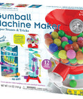 Gumball Machine Maker toy kit by Thames & Kosmos, front view with a red machine and colorful gumballs.