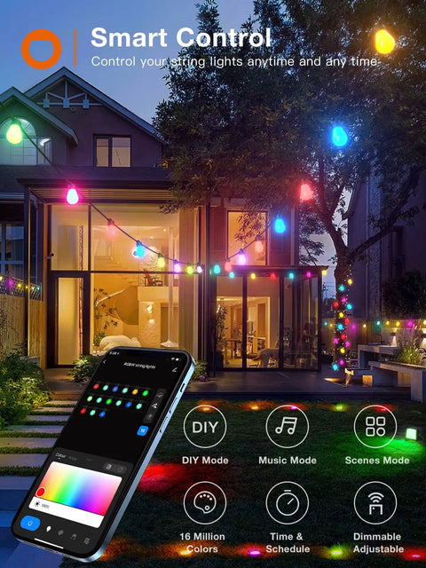 96 Foot Outdoor String Lights With Remote And App Control Dope Dimmable RGB LED Bulbs Waterproof Shatterproof Patio Lights
