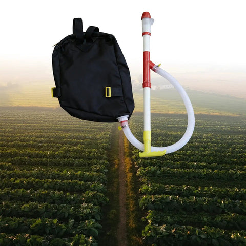 Backpack Sprayer And Manure Distributor For Vegetables With PVC Tube Handy Workhorse For Farm Or Garden against field backdrop