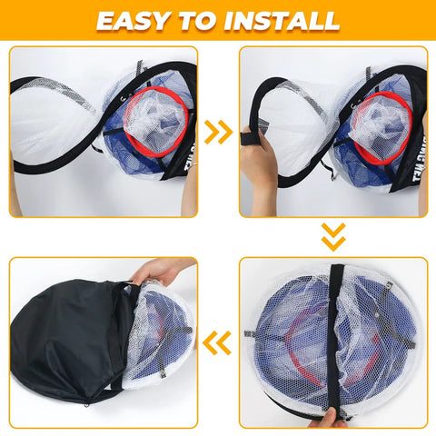 Step-by-step assembly of the Pop Up Golf Chipping Net With Hitting Mat, Collapsible Indoor Outdoor Practice Set featuring target net.