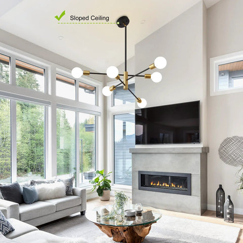 Sputnik Chandelier Pendant Light Black And Gold, Mid Century Modern Industrial E26 Ceiling Fixture in living room with sloped ceiling