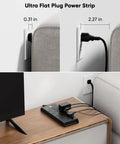 Slick Flat Plug Surge Protector Power Strip With Hella Outlets And Fast USB Charging, showing ultra thin design measurements.