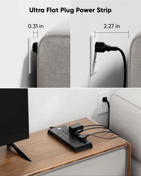 Heavy Duty Surge Protector Power Strip With Twelve AC Outlets Dual USB C Fast Charging Solid Slick Flat Plug Extension Cord Wall Mount Desk Charging Station Black Pack Of Two with flat plug design behind furniture.