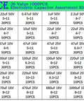 Table showing 36 values of aluminum electrolytic capacitors from 0.1uF to 1000uF, 1000 pieces in kit for DIY electronics projects.