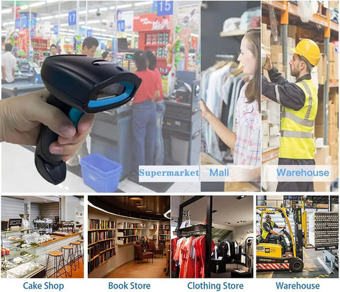 Handheld Hassle Free Wireless Bluetooth Barcode Scanner Cordless 1D 2D QR Code Reader for retail and warehouse settings.