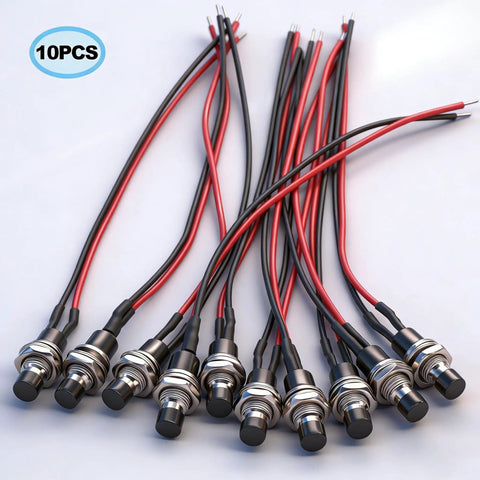 Momentary Push Button Switch 2 Pin SPST Normally Open Mini Round 7mm Black Button with pre-soldered wires, 10-pack