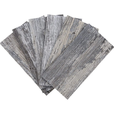 Peel And Stick Tile Backsplash Kit 102 Piece 3 By 6 Inch Distressed Wood Subway Planks in a fan layout showing texture.