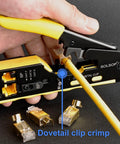 All In One Pass Through RJ45 Crimp Tool Kit with Network Cable Tester crimping a yellow Ethernet cable, includes connectors