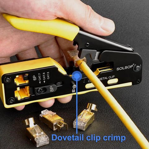 All In One Pass Through RJ45 Crimp Tool Kit with Network Cable Tester crimping a yellow Ethernet cable, includes connectors
