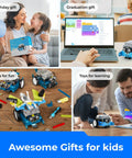 Collage of children playing with Kid Friendly Entry Level Coding Robot Kit For Kids Aged 8 To 12 Learn Scratch And Arduino.