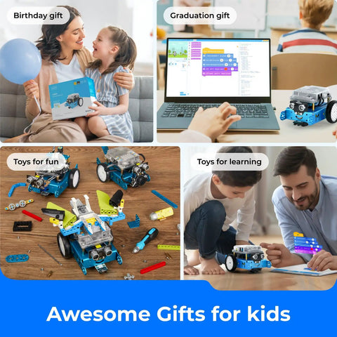 Collage of children playing with Kid Friendly Entry Level Coding Robot Kit For Kids Aged 8 To 12 Learn Scratch And Arduino.
