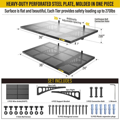 Diagram of Two Pack 2x3ft Adjustable Metal Garage Wall Shelves Heavy Duty Wall Mounted Storage Racks Black Perforated Steel Panels with parts list.