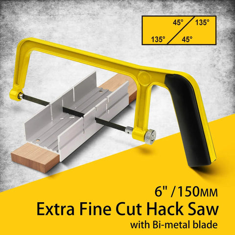 6 Inch Mini Hacksaw And Miter Block Set With Bi-Metal Blade Extra Fine Cut For Wood Plastic Glass Metal DIY Home Renovation And Craft Projects A Handy Portable Hand Saw Kit