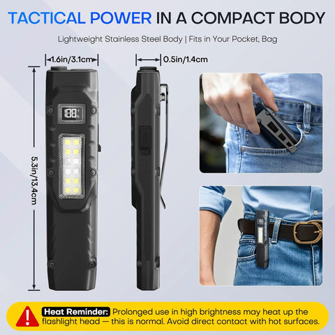 Handy 1500 Lumen Tactical LED Flashlight Rechargeable Flat Pocket Light With Dual Switches Digital Display Stainless Steel 8 Modes