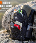 25L Hydration Backpack for Hiking, Biking and Travel loaded with gear, showing spacious compartments and water bottle holder