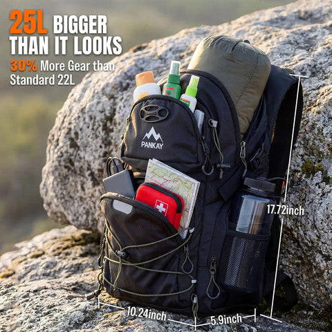 25L Hydration Backpack for Hiking, Biking and Travel loaded with gear, showing spacious compartments and water bottle holder