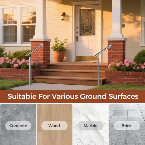 Rock Solid Stainless Steel Handrail For Outdoor Steps Featuring Adjustable Angles And Heavy Duty Build on brick and wood steps.