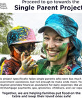 Smiling woman and child covered in colorful powder, promoting Single Parent Project for financial assistance.