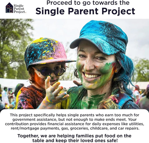 Smiling woman and child covered in colorful paint at an event for the Single Parent Project, promoting community support.