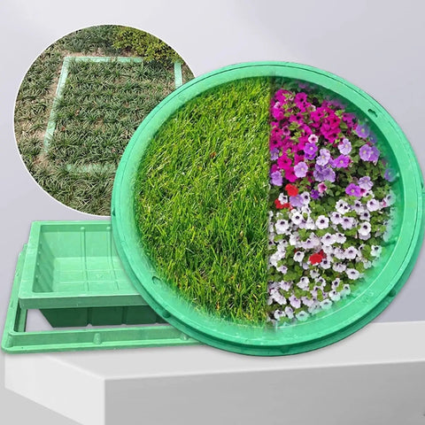 Durable Round Septic Lid With Frame For Lawn Drainage And Pull Hole Recessed Sewage Cover 39.4x39.4In with grass and flowers