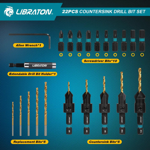 22 Piece Countersink Drill Bit Set For Woodworking With Magnetic Holder And Storage Box Sizes 4 6 8 10 12 Diagram