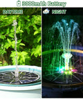 Daytime and nighttime view of Colorful LED Solar Fountain Pump With 3000mAh Battery Remote Control 8 Nozzles Outdoor Garden Pond