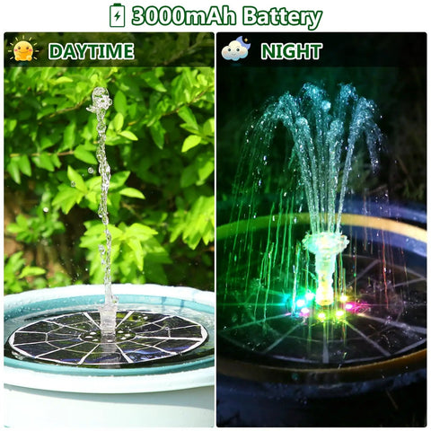 Daytime and nighttime view of Colorful LED Solar Fountain Pump With 3000mAh Battery Remote Control 8 Nozzles Outdoor Garden Pond