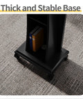 Thick and stable base of a wooden lectern with locked casters, showcasing storage for books and documents.