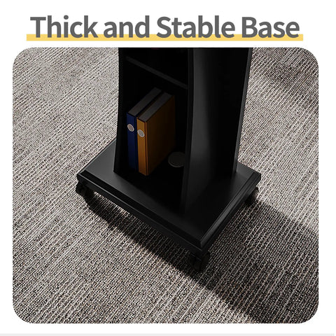 Thick and stable base of a wooden lectern with locked casters, showcasing storage for books and documents.