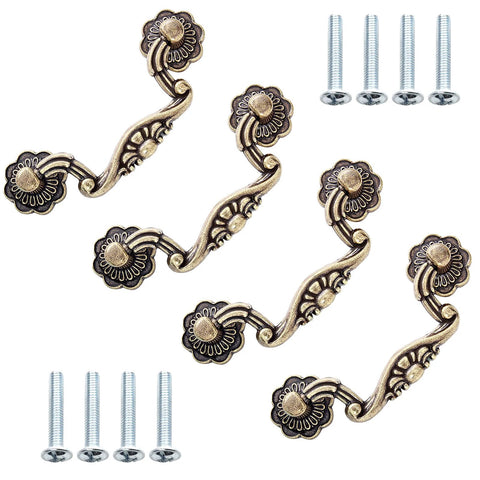 Antique Bronze Drop Drawer Pulls Set Of 4 With 3-Inch Hole Spacing Drop Bail Cabinet Handles with mounting screws, floral design
