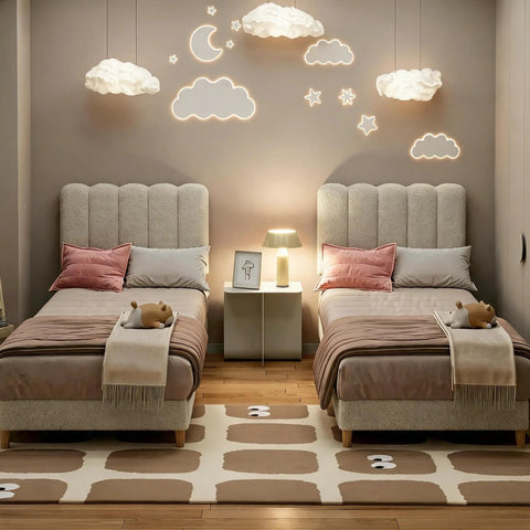 Heavy Duty Twin Platform Bed Frame With Sleek Wooden Headboard in a cozy children's room setup with two beds.