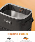 Collapsible Car Trash Bag With Adjustable Headrest Strap, showing magnetic buckles and inner liner for easy bag attachment.