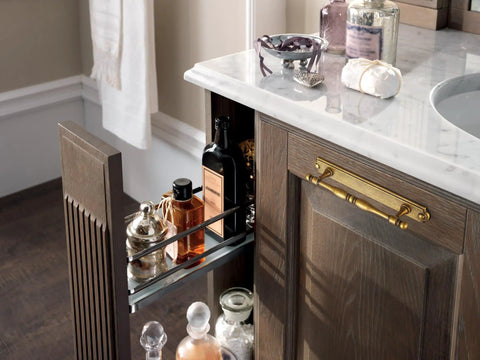 Gotta Have These Antique Brass Cabinet Pulls 2 Pack Featuring Classic Turned Spindle Shape And Chunky Decorative Backplate Solidly 5 Inch Hole Center Tough As Nails Zinc Alloy Drawers Handles For Easy Weekend DIY Projects on a cabinet.