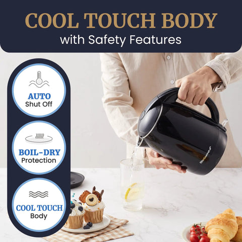 1.8L Double Wall Insulated Kettle With Cool Touch Exterior in use, pouring water, showing auto shut off, boil dry protection, black