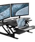 43 Inch Corner Height Adjustable Desk Converter For Sit To Stand Workstation With Dual Monitor Riser, Black Tabletop Stand