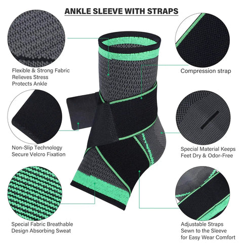 Compression Ankle Support Brace with straps for men and women, breathable fabric, Achilles tendon and plantar fasciitis aid.