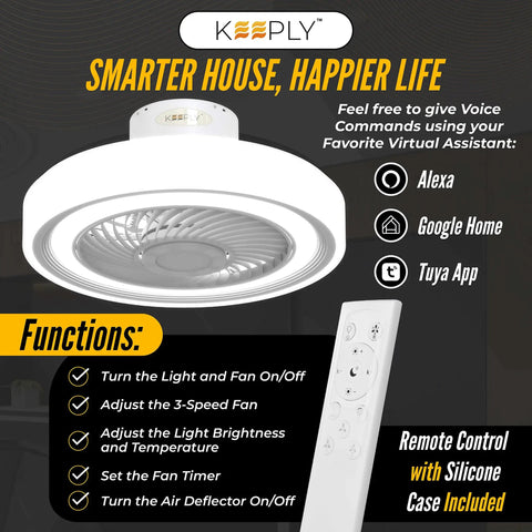 Modern Bladeless Ceiling Fan With Light 20 Inch Smart Enclosed Ceiling Fan With Remote Dimmable LED Lights and functions list