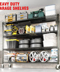 Built Different 4 Tier Metal Shelving Unit With Smooth Rolling Wheels Heavy Duty Carbon Steel Mesh Construction Featuring Reinforced Support Ribs For Zero Sagging And Maximum Weight Capacity In A Sleek Black Finish Perfect For Storage filled with tools and containers.