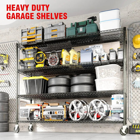 Built Different 4 Tier Metal Shelving Unit With Smooth Rolling Wheels Heavy Duty Carbon Steel Mesh Construction Featuring Reinforced Support Ribs For Zero Sagging And Maximum Weight Capacity In A Sleek Black Finish Perfect For Storage filled with tools and containers.