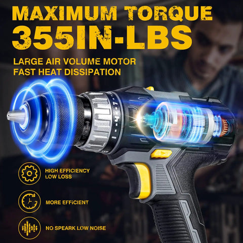 20V Cordless Drill Kit All In One With 2x 2.0Ah Batteries And Charger showing internal features and efficiency highlights.
