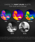 Infrared Thermal Imager And Visible Light Camera With 76,800 Pixel Resolution, showcasing color palettes like Cool, Iron, Spectra, White, and Black for application.