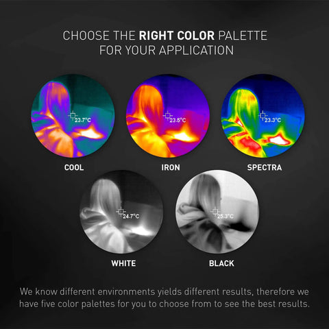 Infrared Thermal Imager And Visible Light Camera With 76,800 Pixel Resolution, showcasing color palettes like Cool, Iron, Spectra, White, and Black for application.