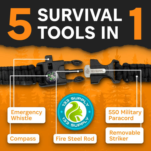 Tactical Paracord Compass Survival Bracelet Set with Fire Starter Kit and Whistle for hiking, camping, hunting, and fishing.