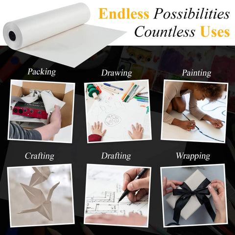 Legit White Newsprint Packing Paper Roll 12 X 1440 Ft used for packing, crafting, drawing, painting, and wrapping various items.