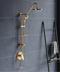 TruTemp Pressure Balance Valve with Brushed Gold Trim Kit, shower system installed in modern bathroom setting