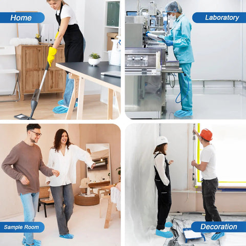 Disposable Shoe And Boot Covers XL Set in various settings: home cleaning, laboratory work, sample room, and decoration tasks.