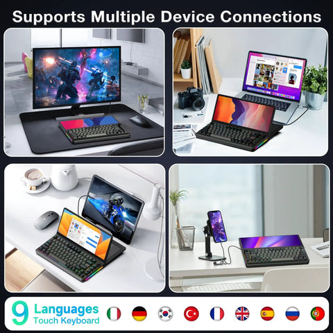Dope 82 Key Mechanical Keyboard Featuring A Massive 13 Inch Foldable Touchscreen Monitor connected to multiple devices at a desk.